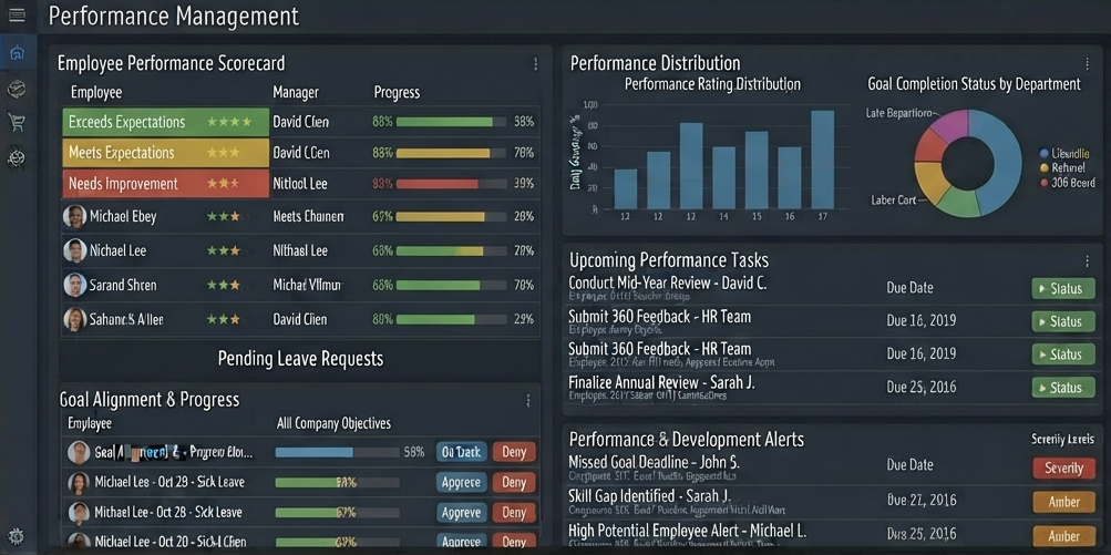 Human resource management system (HRMS) 6 Charts showing employee growth and performance metrics